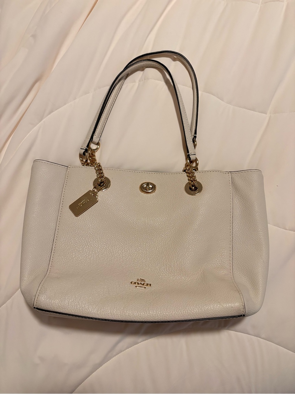 Coach Turnlock Chain Tote Cream Pebbled Leather Tote with Gold Hardware